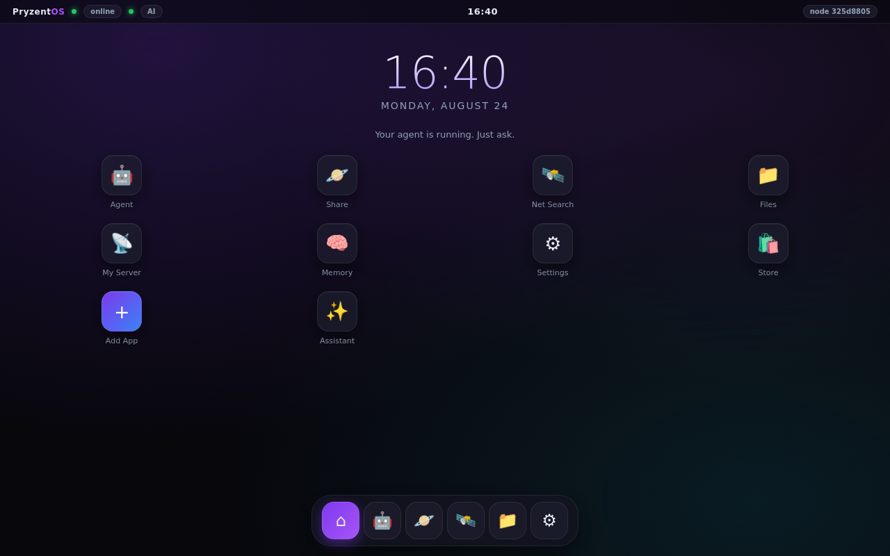 PryzentOS home screen — app grid, dock, agent status